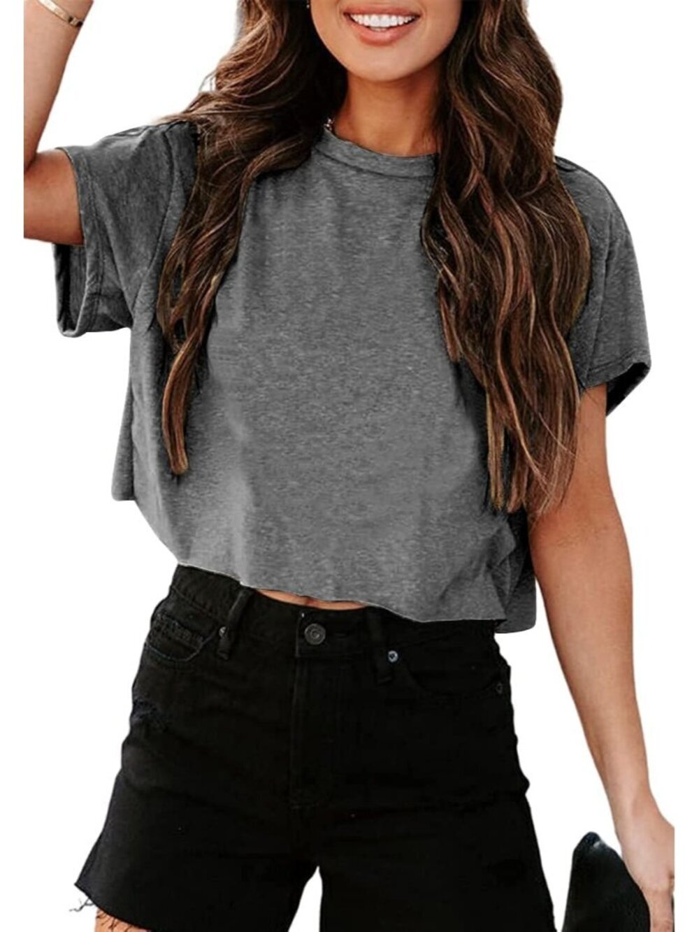 Women's Grey Short Sleeve Crew Neck Loose Casual Drop Shoulder Crop Tops